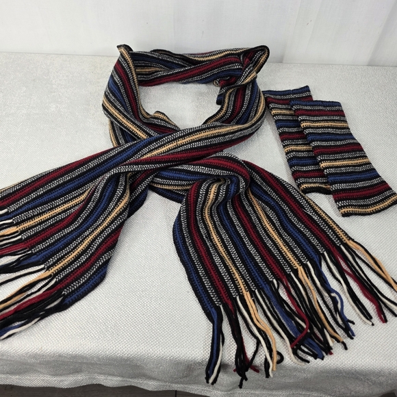 VTG Made in Scotland 100% Lambswool Striped Scarf & Fingerless Glove Set